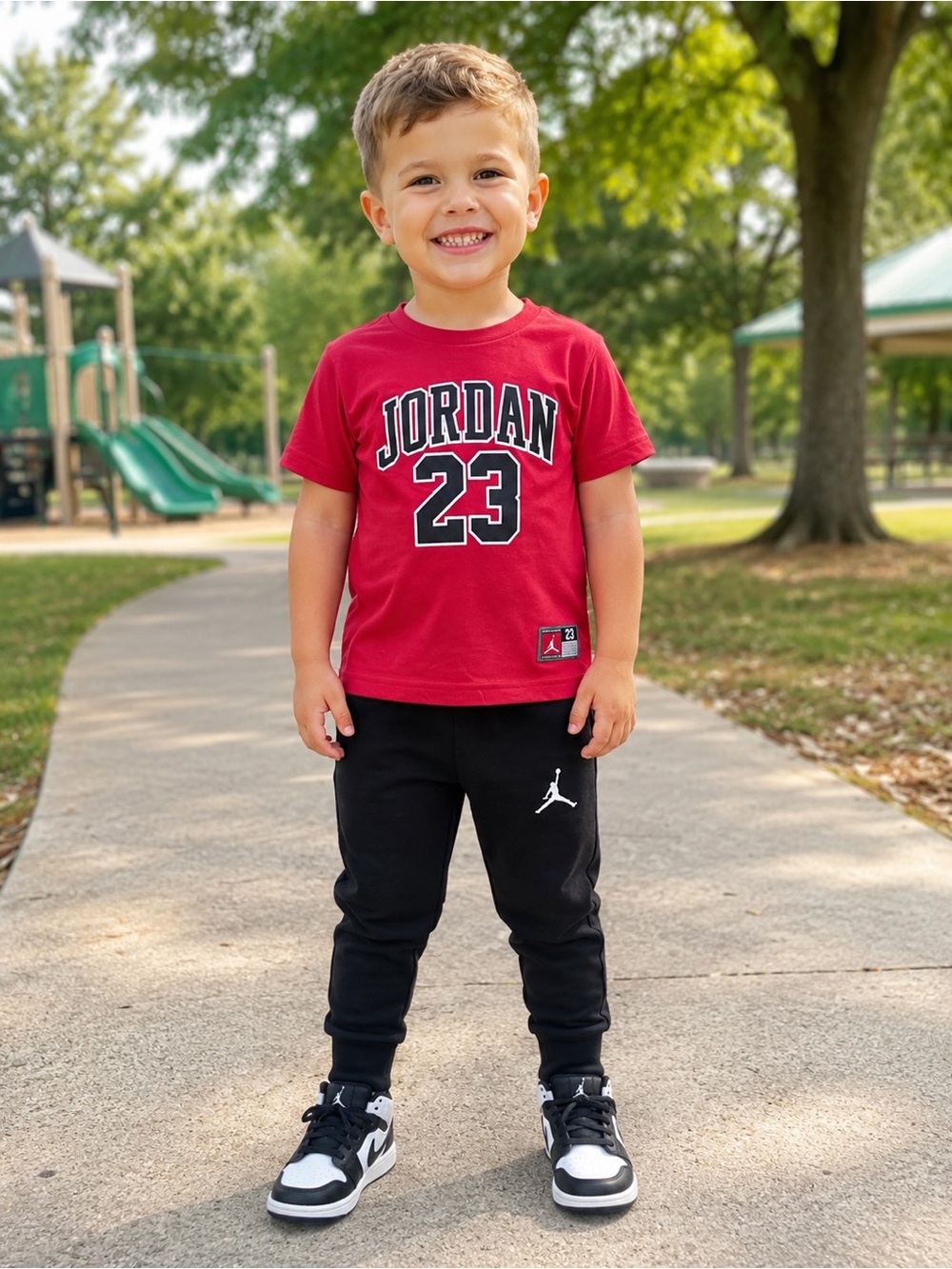Air Jordan Boys 3T Red Short Sleeve T-Shirt Black Jogger Pants 2pc Set NWT